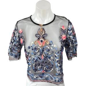 Shein Women's Blue Mesh Sheer Paisley Embroidered Boho Crop Blouse Top Size XS